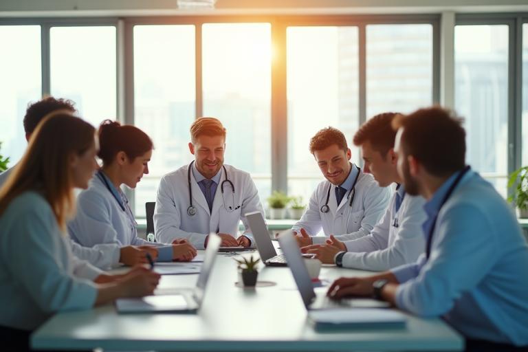 Consultants and healthcare professionals collaborating in a modern office