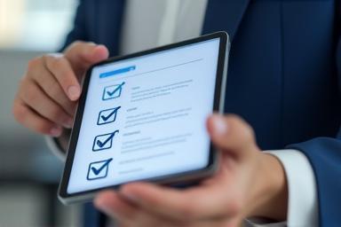 Consultant reviewing compliance checklist on tablet